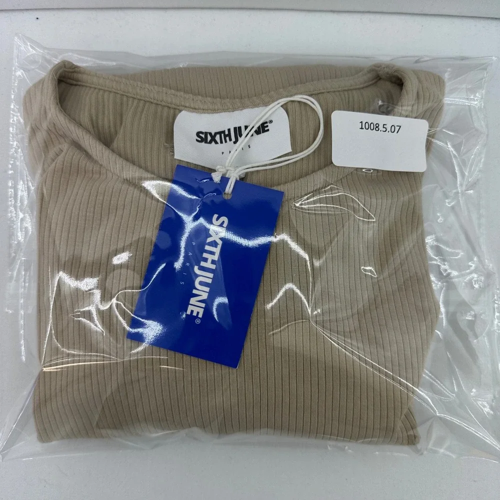 Sixth June Paris Beige Ribbed Drawstring Side Top Size L |‎ Long Sleeve NWT